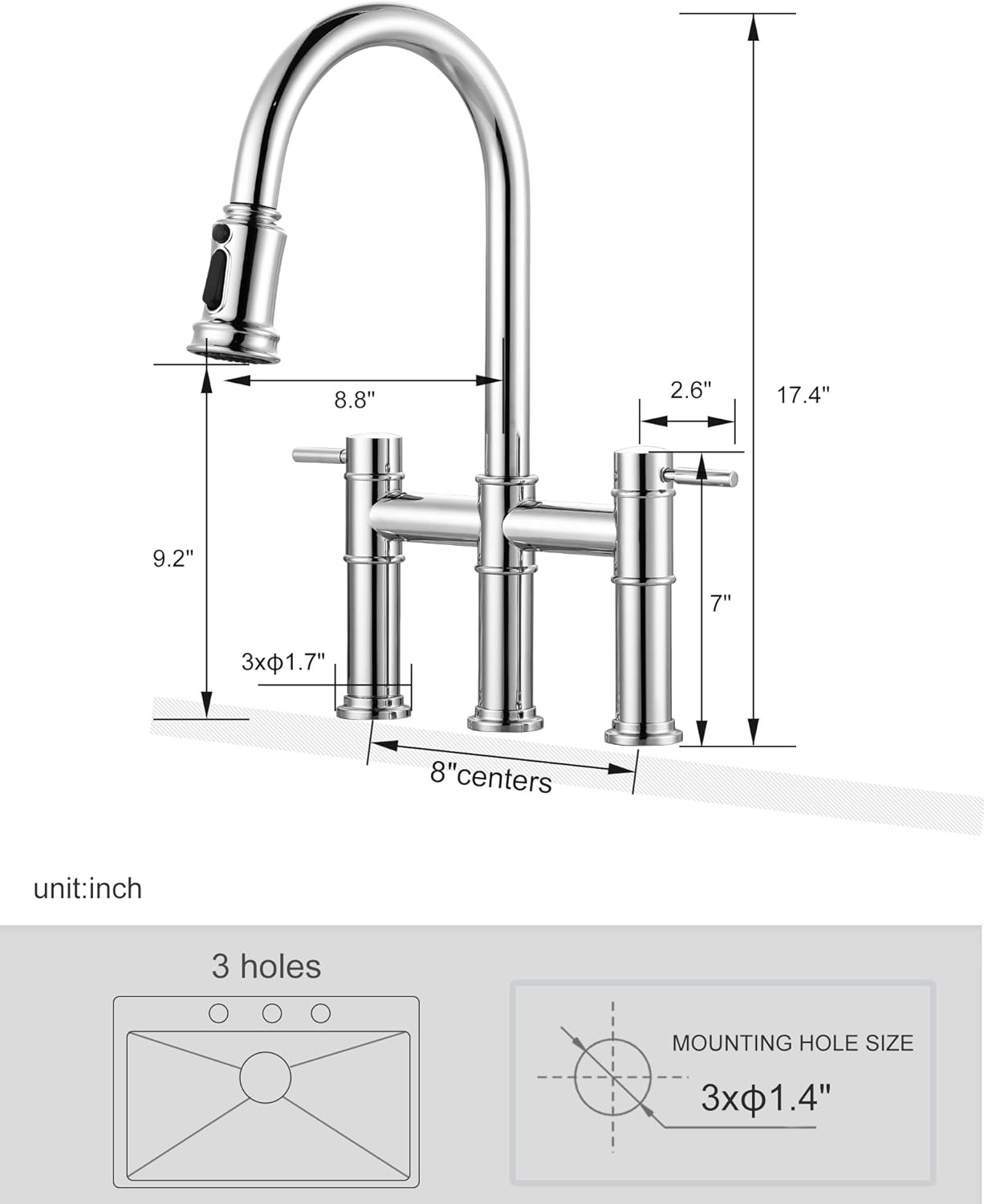 Bridge Kitchen Faucet with Pull Down Sprayer: Chrome Kitchen Sink Faucet 3 Holes 2 Handles with Supply Lines, 8.8 Inch Deck M