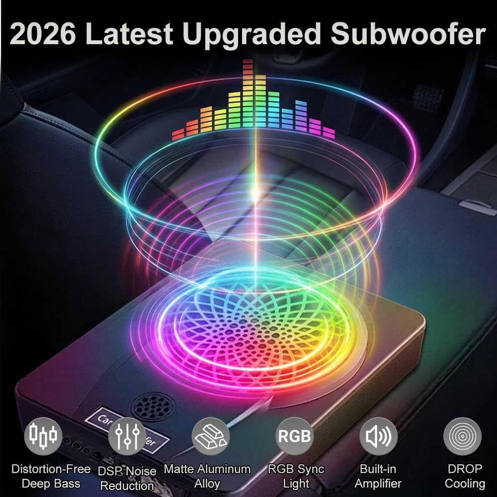 litillbuly 1200W 10'' Car Subwoofer Ultra-Thin Underseat Subs AMP Package | High/Low Level Inputs, Colorful LED Breathing Light Remote Control Enhanced Bass for Truck/SUV/Car/Jeep/MPV