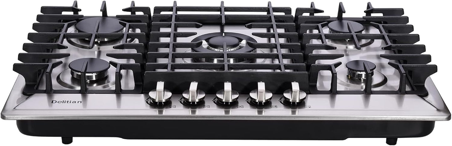 30 Inch Gas Cooktop DT5703 Built-in Stainless Steel 5 Burners Gas Stovetop LPG/NG Convertible Dual Fuel Gas Hob