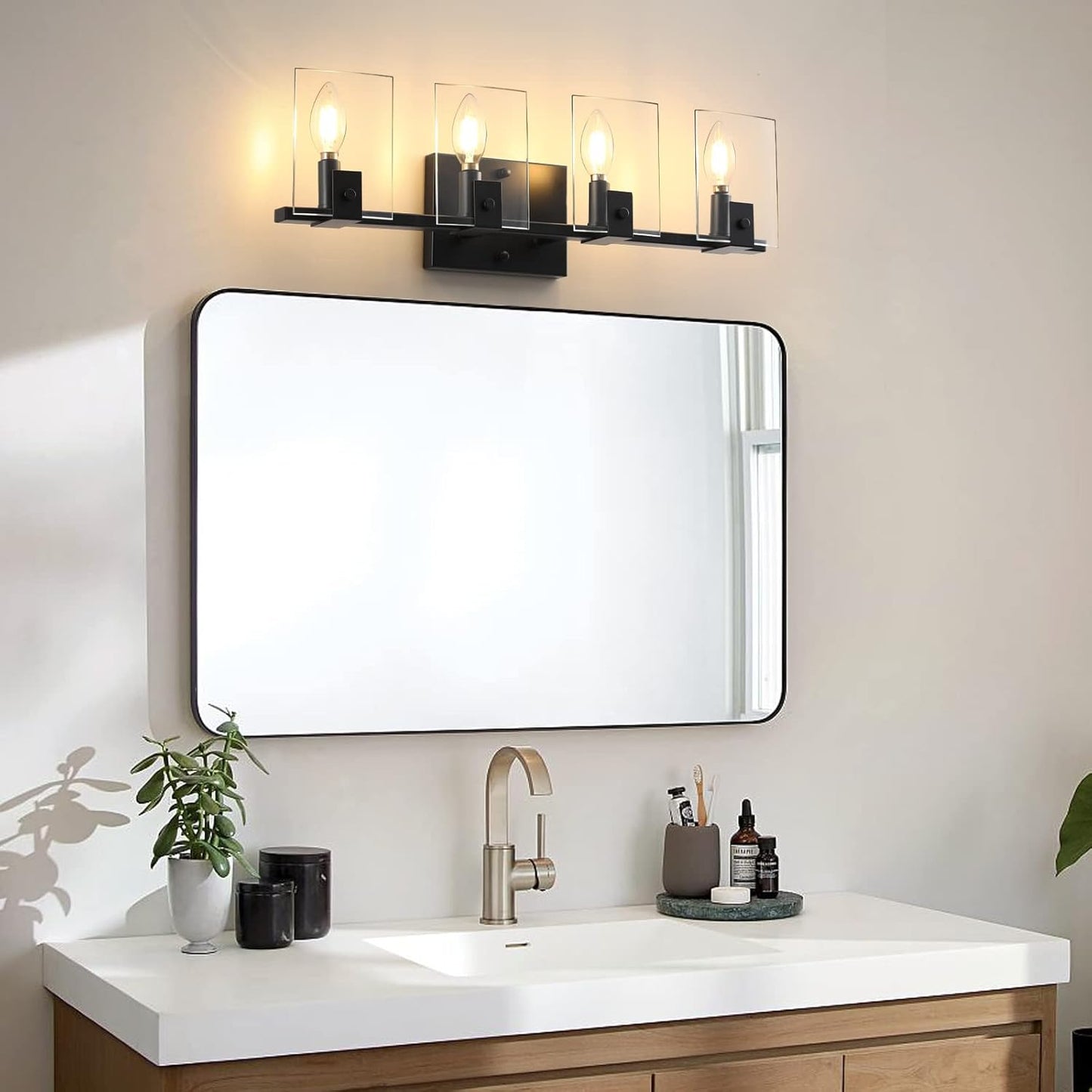 Elegant Bathroom Vanity Light Fixtures, Black Bathroom Lights Over Mirror, Sconces Wall Lighting with Clear Glass Shade, 3 Lights Vanity Light for