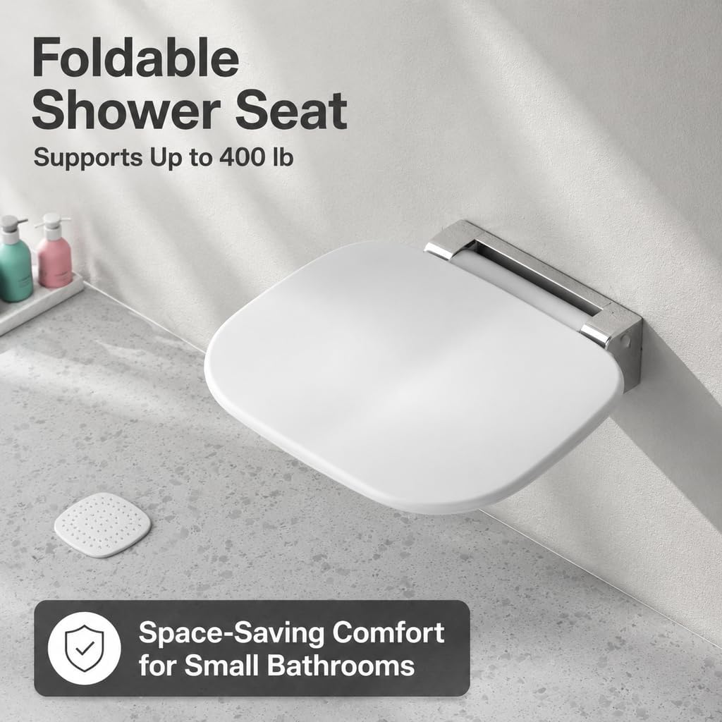 Wall Mounted Folding Shower Seat, 400lb Fold Down Bench White