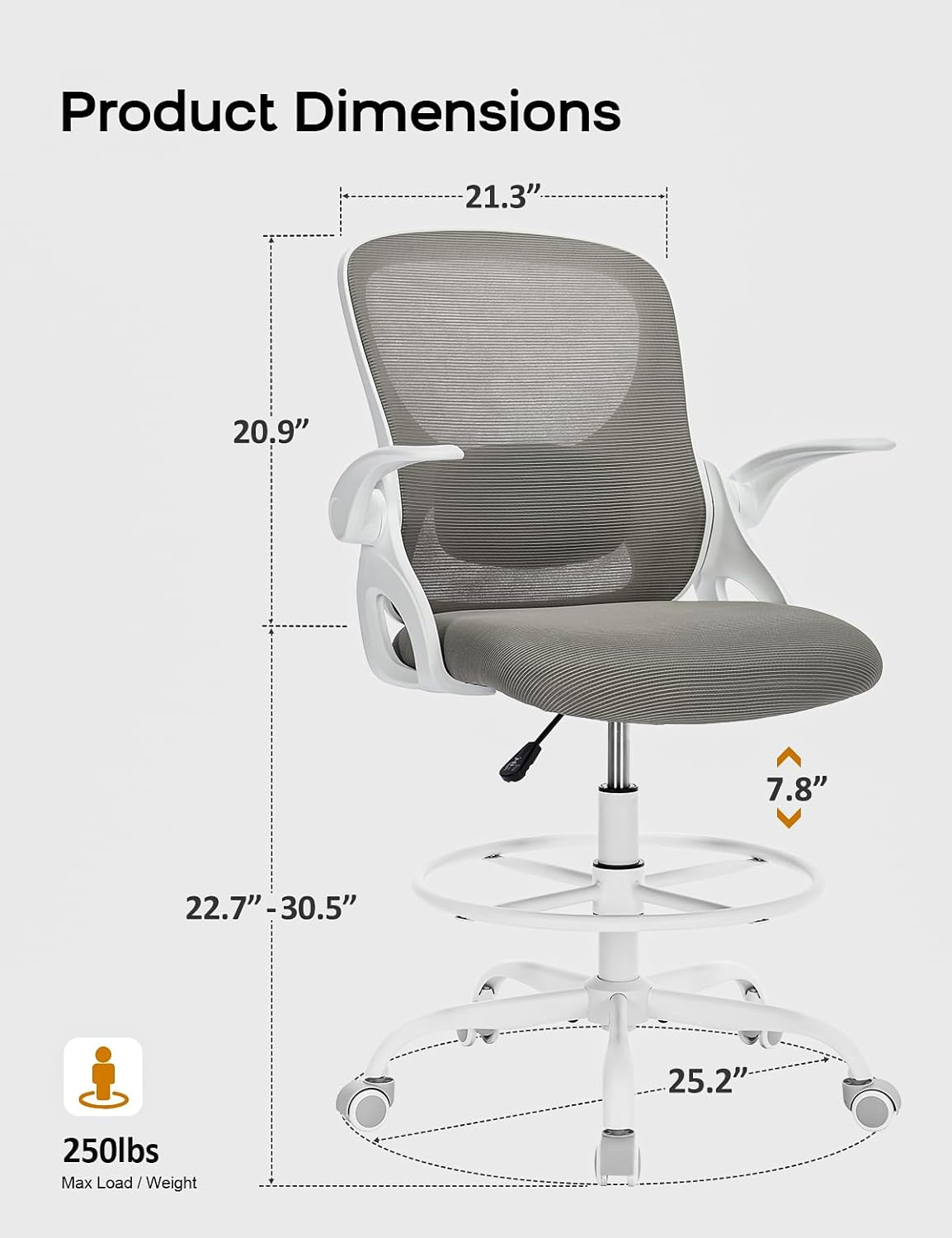 LukkDys Drafting Chair Tall Office Chair with Flip-up Armrests Ergonomic Computer Standing Desk Chair with Comfy Lumbar Support and Adjustable