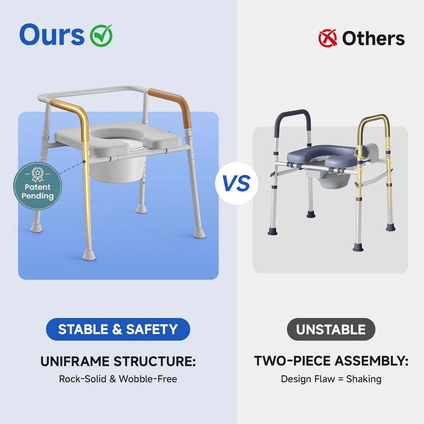3-in-1 Bedside Commode Chair for Seniors, 400 lbs Heavy Duty Iron Commode Toilet with Padded Seat & Arms, Portable Toilet for Seniors & Adults, Height Adjustable, Bucket, Splash Guard