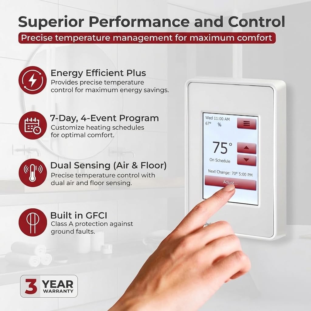 Electric Radiant Floor Heating Thermostat, Touch Screen Programmable Thermostat with GFCI, 120V or 240V, with Intuitive Screen Interface, UDG4-4999, Includes Floor Sensor