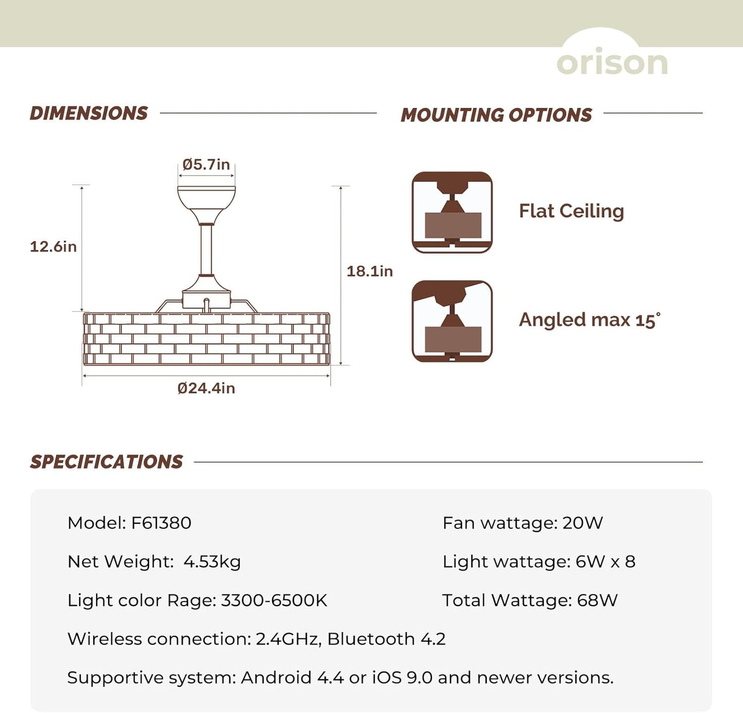 Orison 24' Caged Ceiling Fan with Lights, 2 Ways Control(App&remote control), Light Kit Included(8 bulbs), Modern Farmhouse, F61380