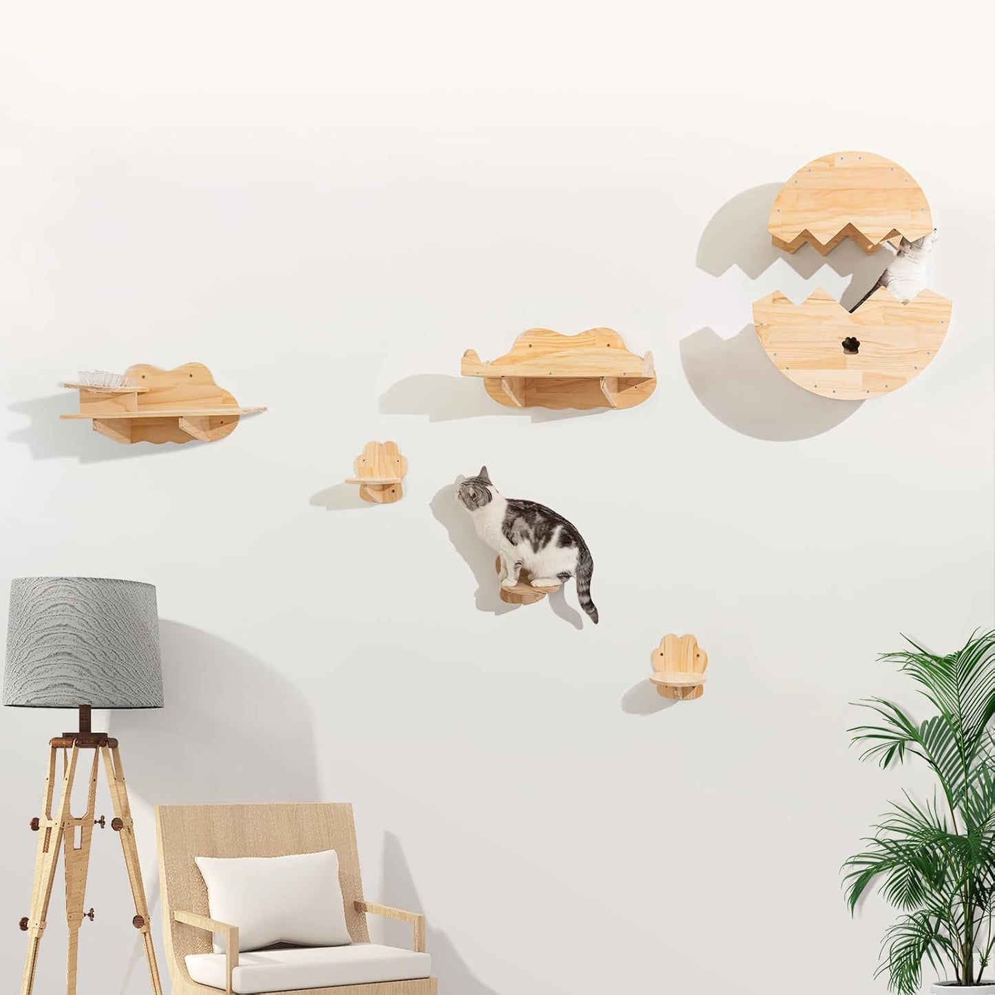 Cat Wall Furniture, Set of 7 with Feeding Stand, 3 Cat Steps and a Resting Bed.