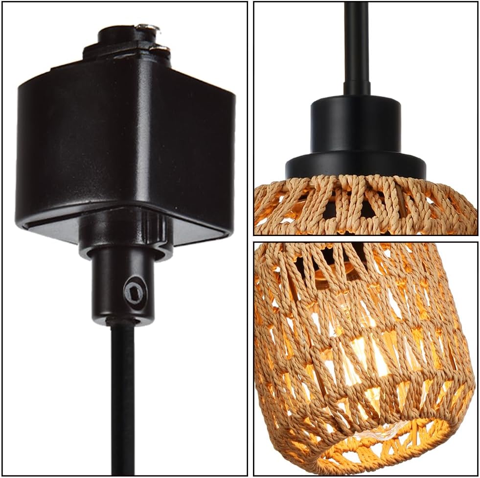 4-Pack Type Track Lighting Pendant Light,Vintage Boho Bamboo Pendant Lights Black Rattan Pendant Lighting for Kitchen Island, Bedroom, Dining Room