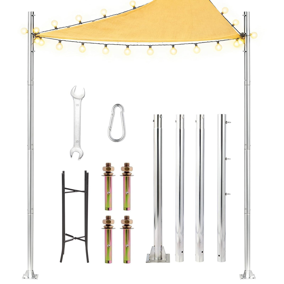 Shade Sail Poles, Heavy-Duty Stainless Steel Sun Shade Poles, 12 Ft Premium Height-Adjustable Poles with Base Plate, Durable Canopy Support Poles, Multifunctional Installation for Ground Soil Backyard