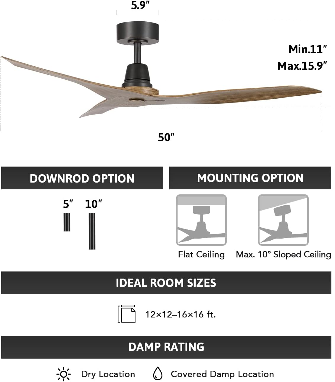 Smart Ceiling Fan with Light and Remote, 50' Modern Ceiling Fan Compatible with Alexa Google Voice Control, Indoor Outdoor Ceiling Fans for Bedroom