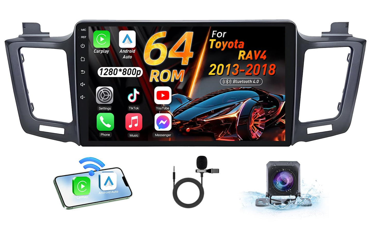 Car Radio for Toyota Rav4 2013-2018: 4Core 64G Upgrade 10.2 inch 1280x800 Touchscreen Stereo, Android Head Unit with Wireless Carplay & Android Auto, 5G WiFi GPS Bluetooth FM SWC Mic Backup Camera