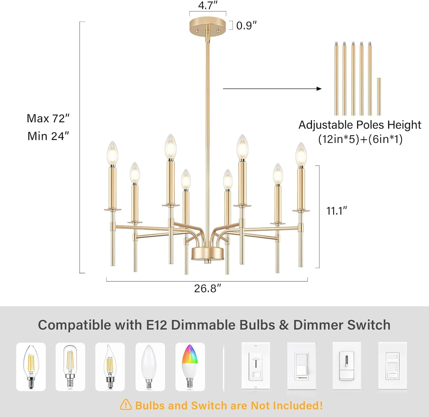 ZUYURT 8 Light Modern Gold Chandelier,Dining Room Chandelier Light Fixture Over Table,Iron Candle Ceiling Chandelier Lighting Fixtures for Kitchen