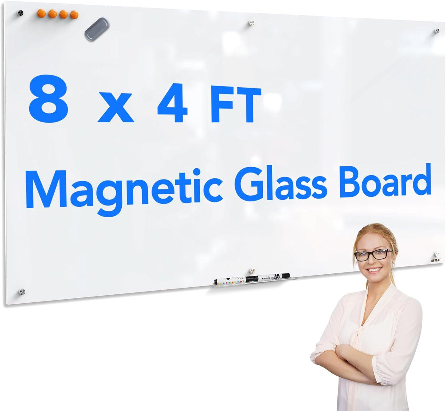 Magnetic Glass Dry Erase White Board, 8' x 4' Glass Whiteboard, Long-Lasting Tempered Glass, Strong Magnetic Surface, 2 Markers, No Ghost After