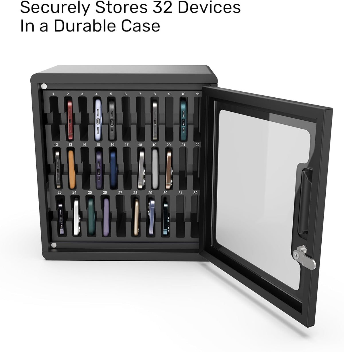 Luxor CHZZ001 CellGuard Phone Storage Cabinet, Cell Phone Locker for Classroom with 32 Foam Slots, Locking Acrylic Door, Powder-Coated Steel, Black