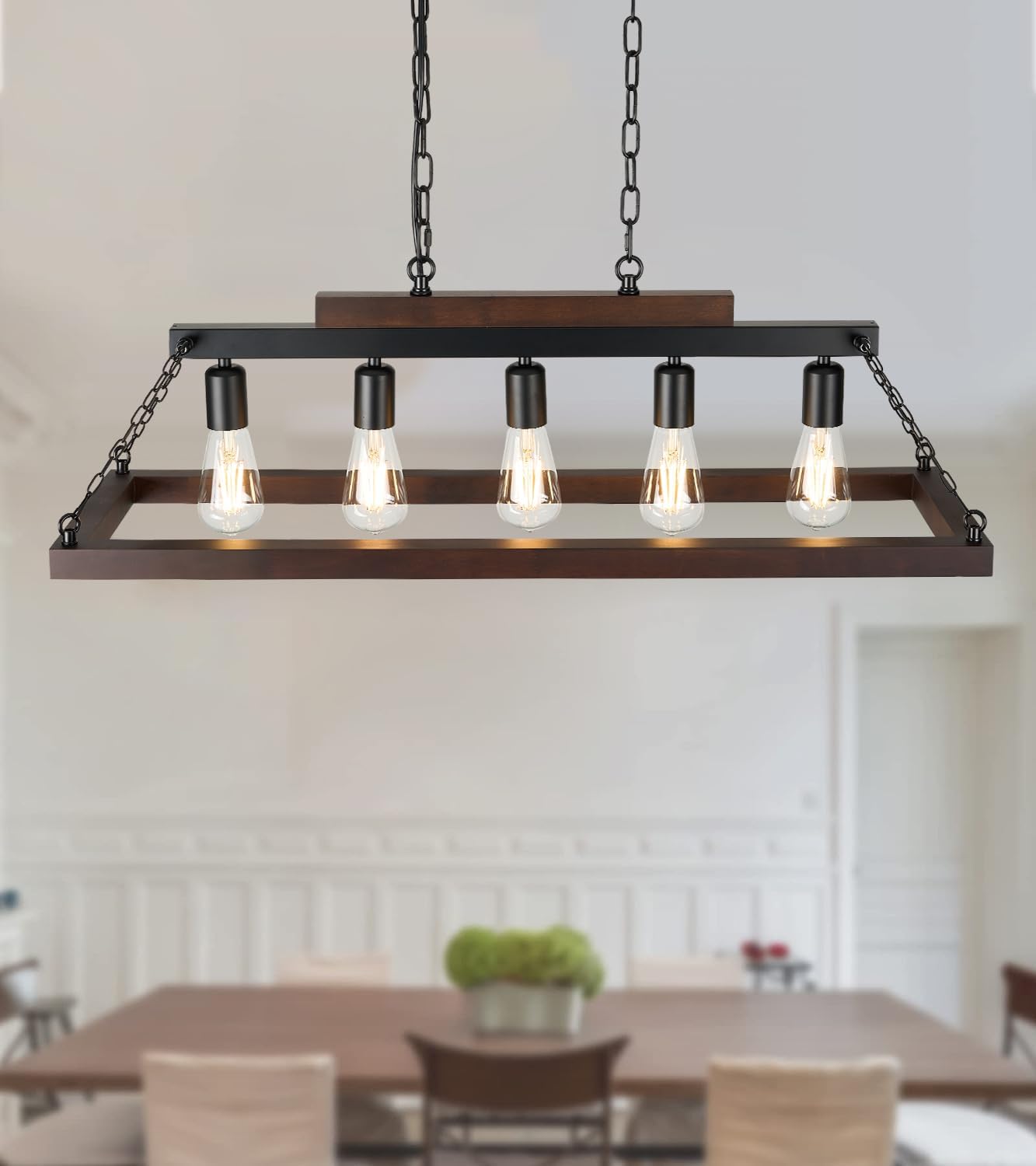 Rustic Kitchen Island/Dining Room Light Fixture Farmhouse Rectangle Wood Linear Chandelier Over Table 5-Light Black Retr