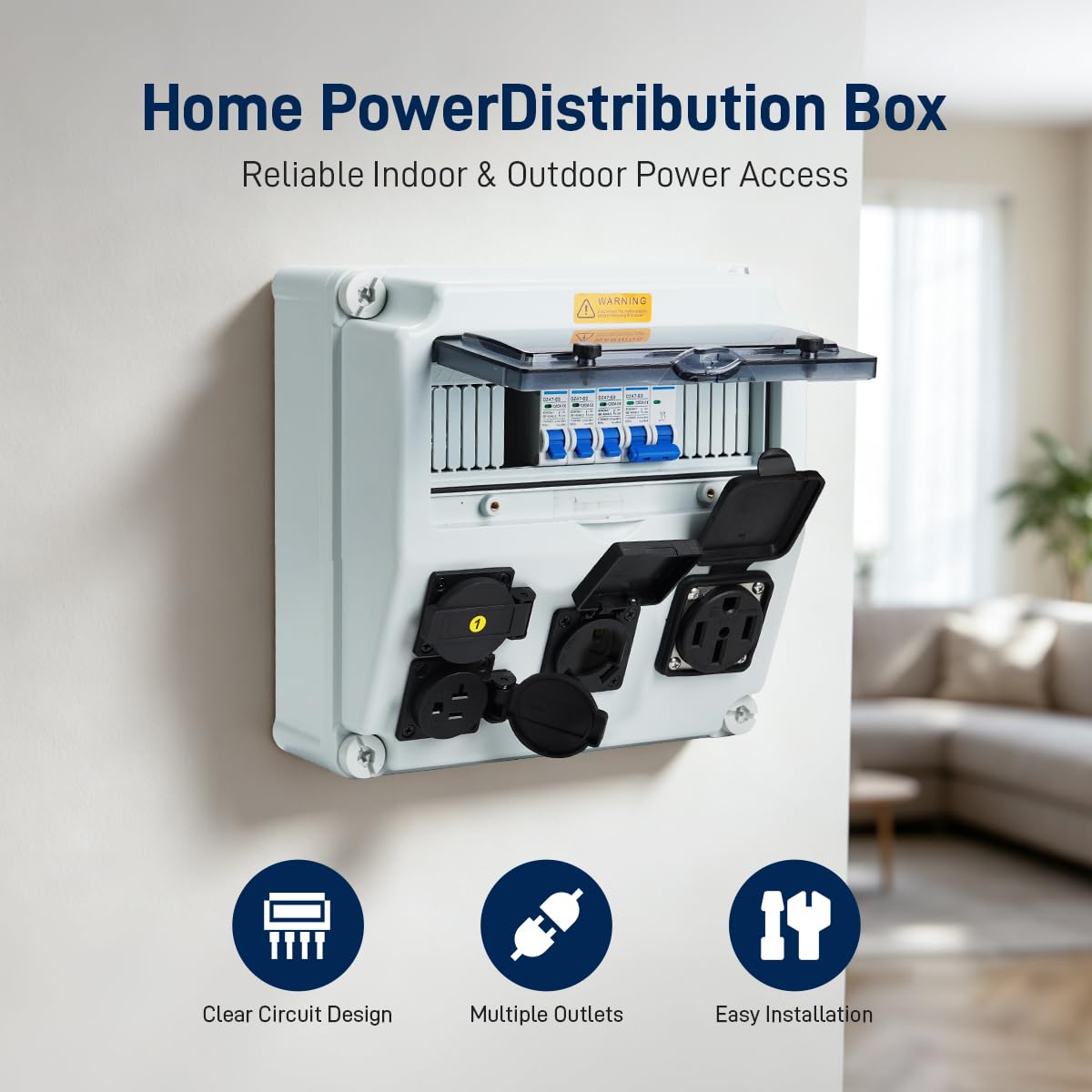 RV Power Outlet Box 50/30/20 Amp – with NEMA 14-50R, TT-30R & 5-20 Receptacles, Individual Breakers, Pre-Wired for Camper, Trailer, EV, Generator, and Temporary Power Panels