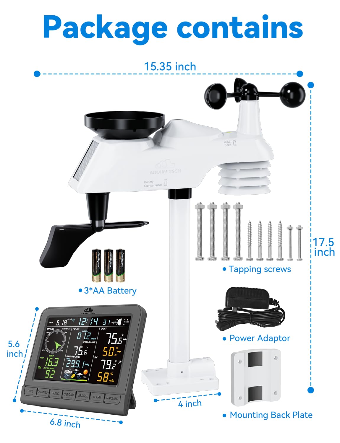 Wireless Weather Station,Featuring a rain Gauge,Wind Speed/Wind Direction, Indoor Temperature/Humidity,barometric Pressure,Alarm Clock, Moon Phase,Weather Forecast, etc. (No WiFi).