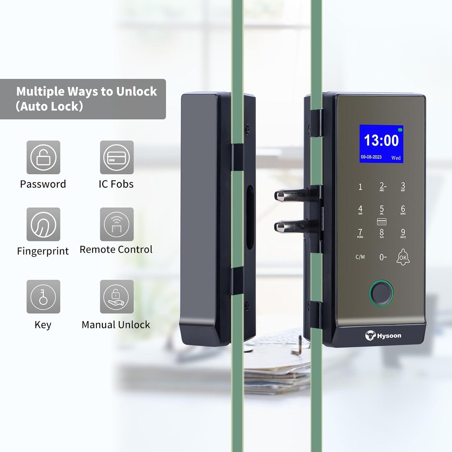 Smart Glass Door Lock, Hysoon Keyless Entry Digital Door Lock, Fingerprint/Remote Control/Password/Card/Key Five in One Lock for Glass Door with