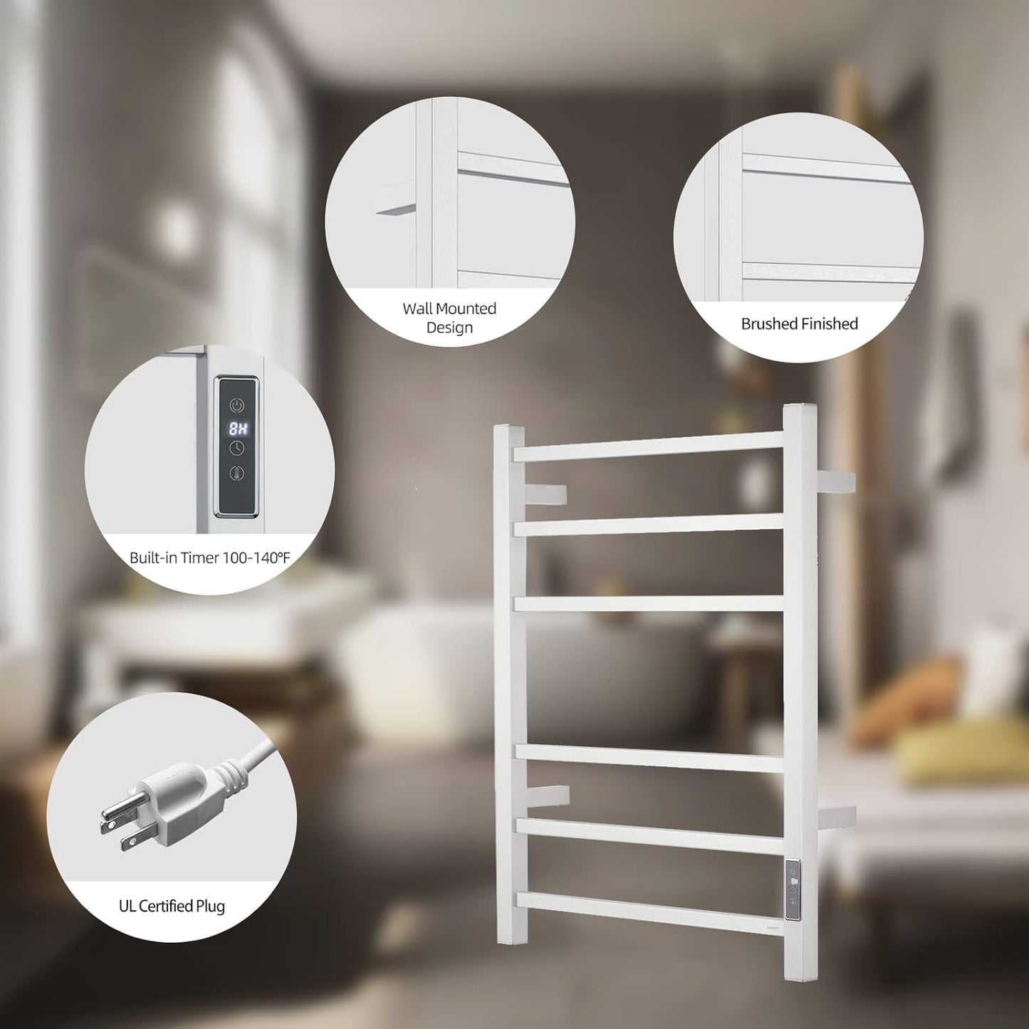 Electric Towel Warmer - Wall Mounted Bathroom Heated Towel Rack, Plug-in Design & Brushed Stainless Steel Finish (Square Brushed with Timer ETW13CS, 6 Bar) Brushed With Timer 6 Bar