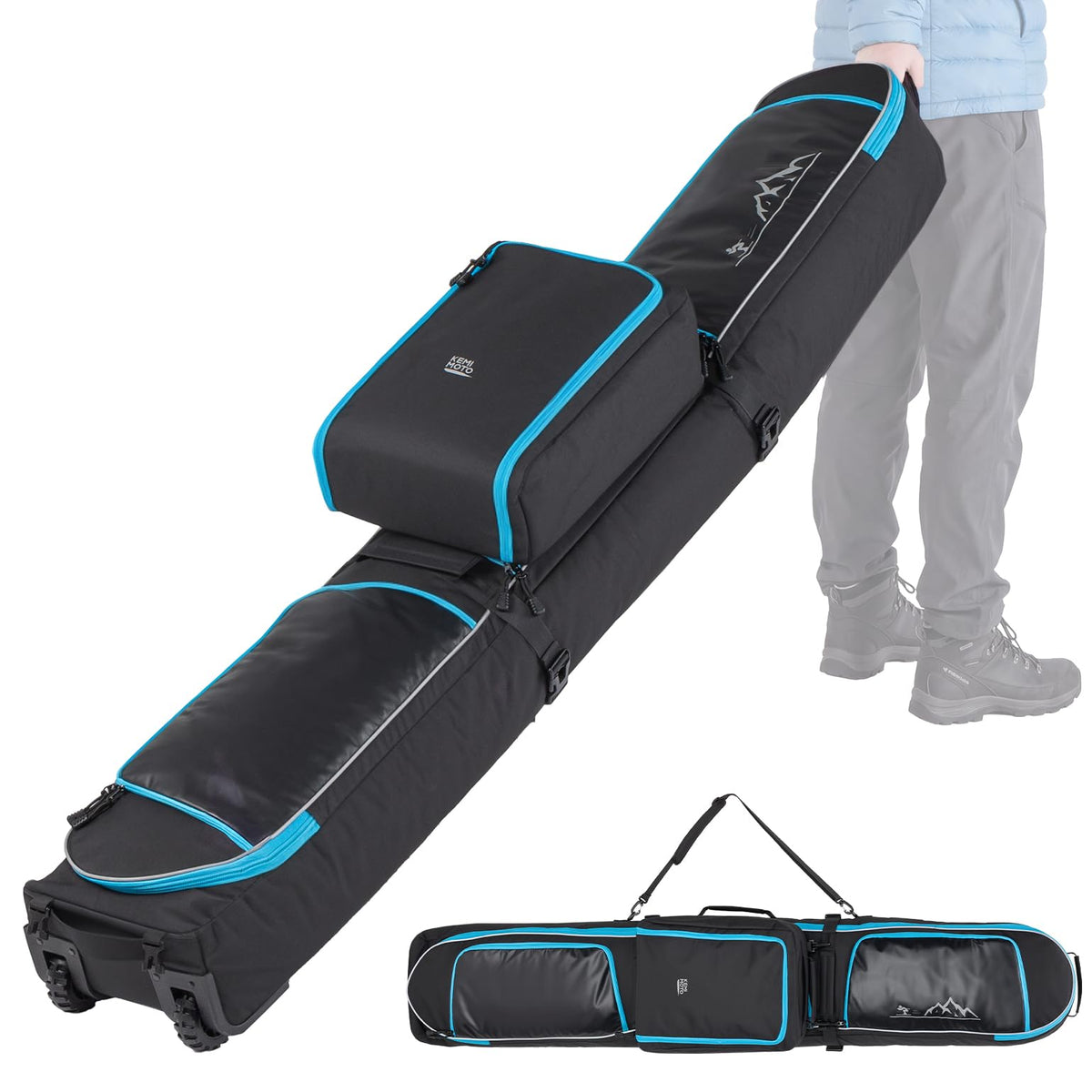 KEMIMOTO Padded Ski Bag with Wheels for Skis and Snowboards, Boot Bag Combo