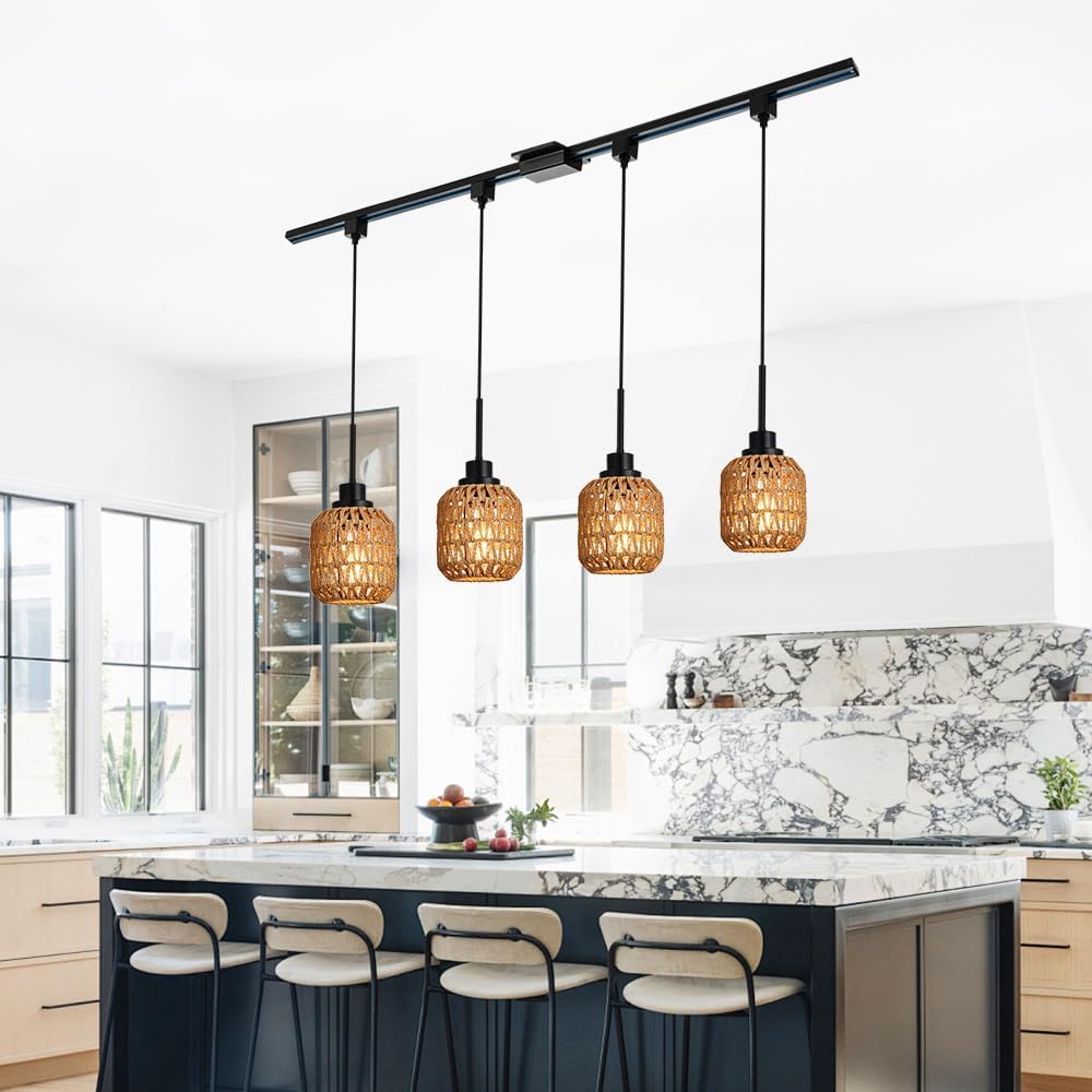 4-Pack Type Track Lighting Pendant Light,Vintage Boho Bamboo Pendant Lights Black Rattan Pendant Lighting for Kitchen Island, Bedroom, Dining Room