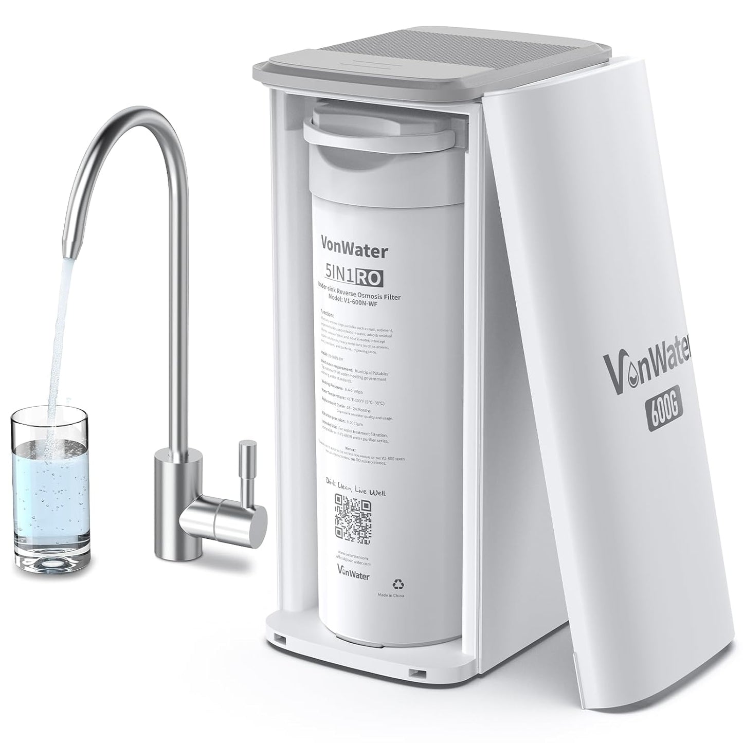 V1 Reverse Osmosis Water Filter System, 5 Stage Under Sink Reverse Osmosis Water Filter, 2:1 Pure to Drain, 600GPD Tankless RO Water Filtration