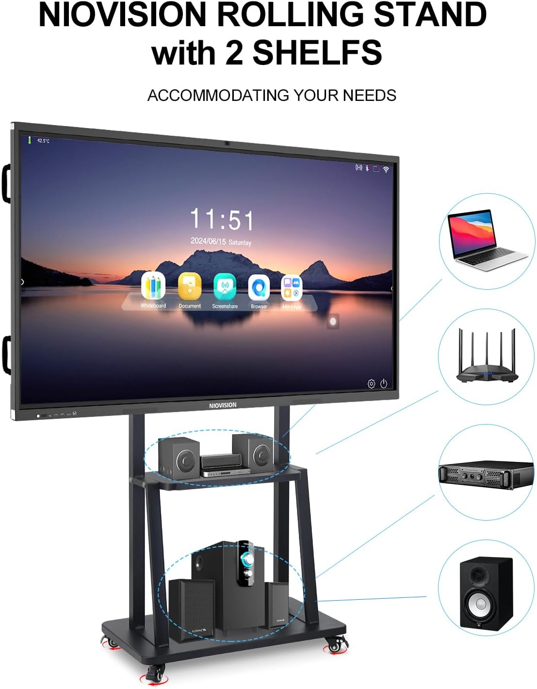 Portable Rolling TV Stand for Smart Whiteboard 32'-75' Outdoor Movable Monitor Cart with Four Lockable Wheel, (Minor Cosmetic Damage)