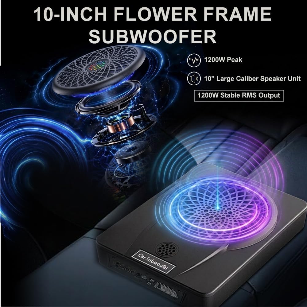 litillbuly 1200W 10'' Car Subwoofer Ultra-Thin Underseat Subs AMP Package | High/Low Level Inputs, Colorful LED Breathing Light Remote Control Enhanced Bass for Truck/SUV/Car/Jeep/MPV