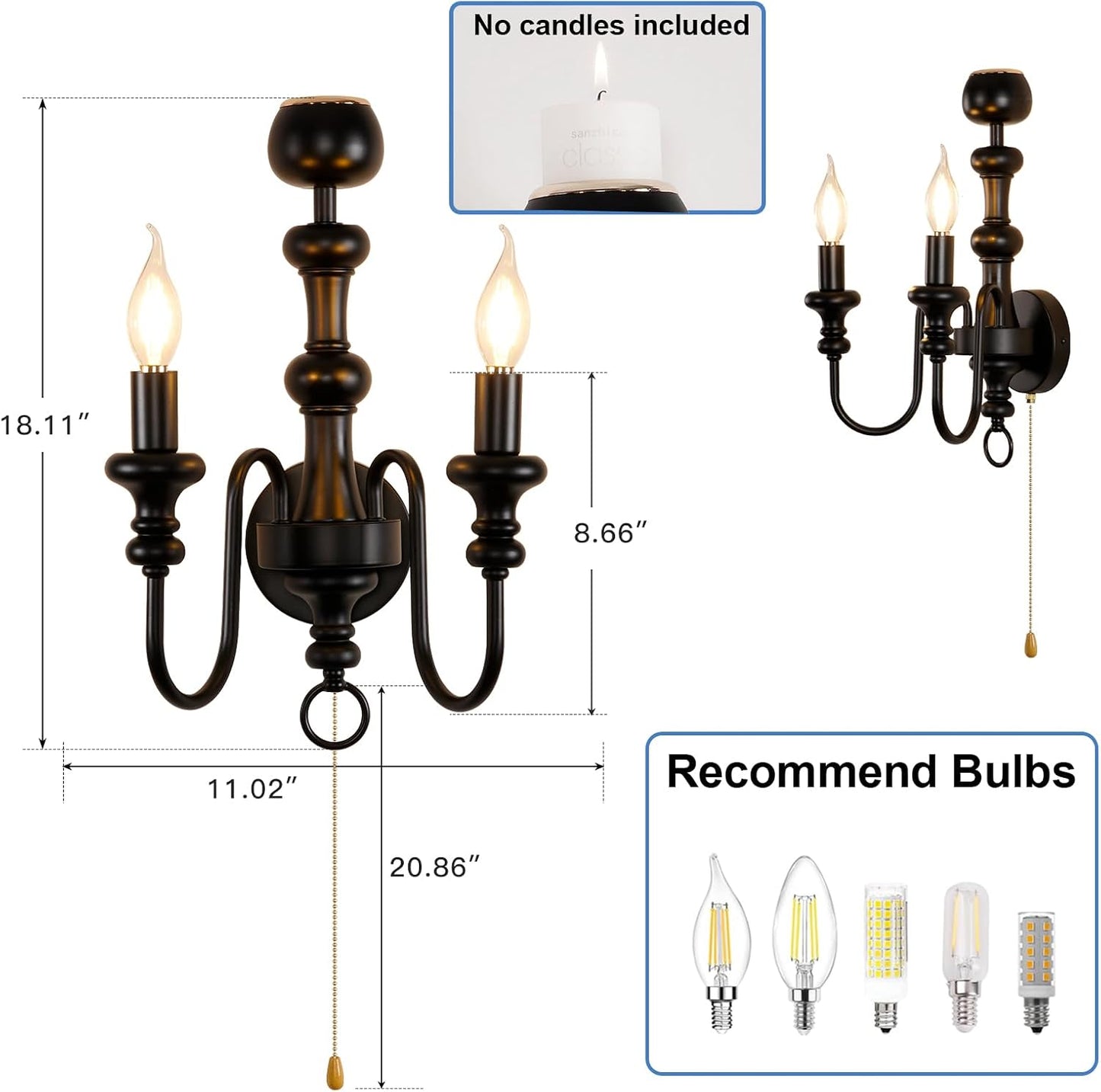 Matte Black Iron Double-Arm Wall Sconce, Retro Farmhouse Hardwired Lamp with Scented Candle Tray & Pull Switch for Home Decor (Candles Not Included)
