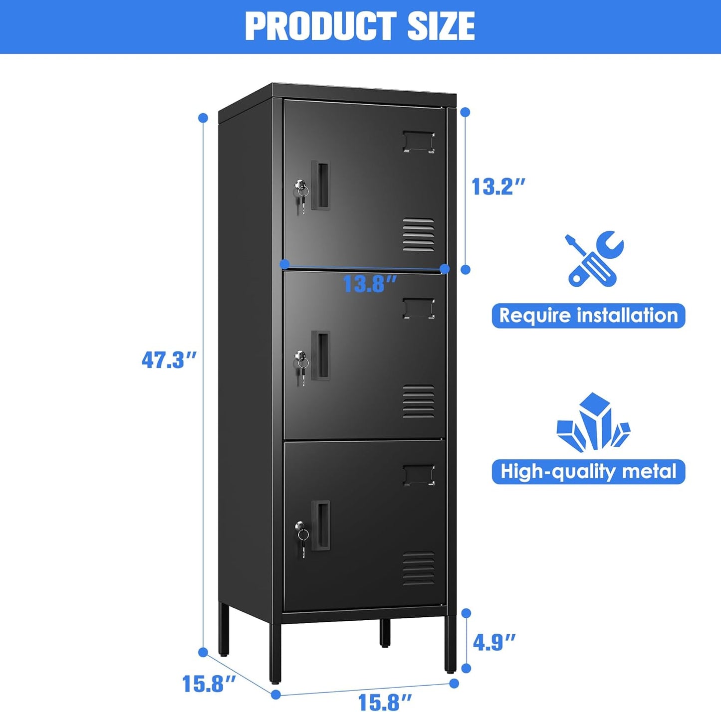 Metal Locker with Ventilation Holes, Metal Storage Cabinet with Lock and Card Slot for Home,School, Office, Garage,47.3" H x 15.8" W x 15.8" D,Assembly Required,Black Black 47.3"-3 Doors