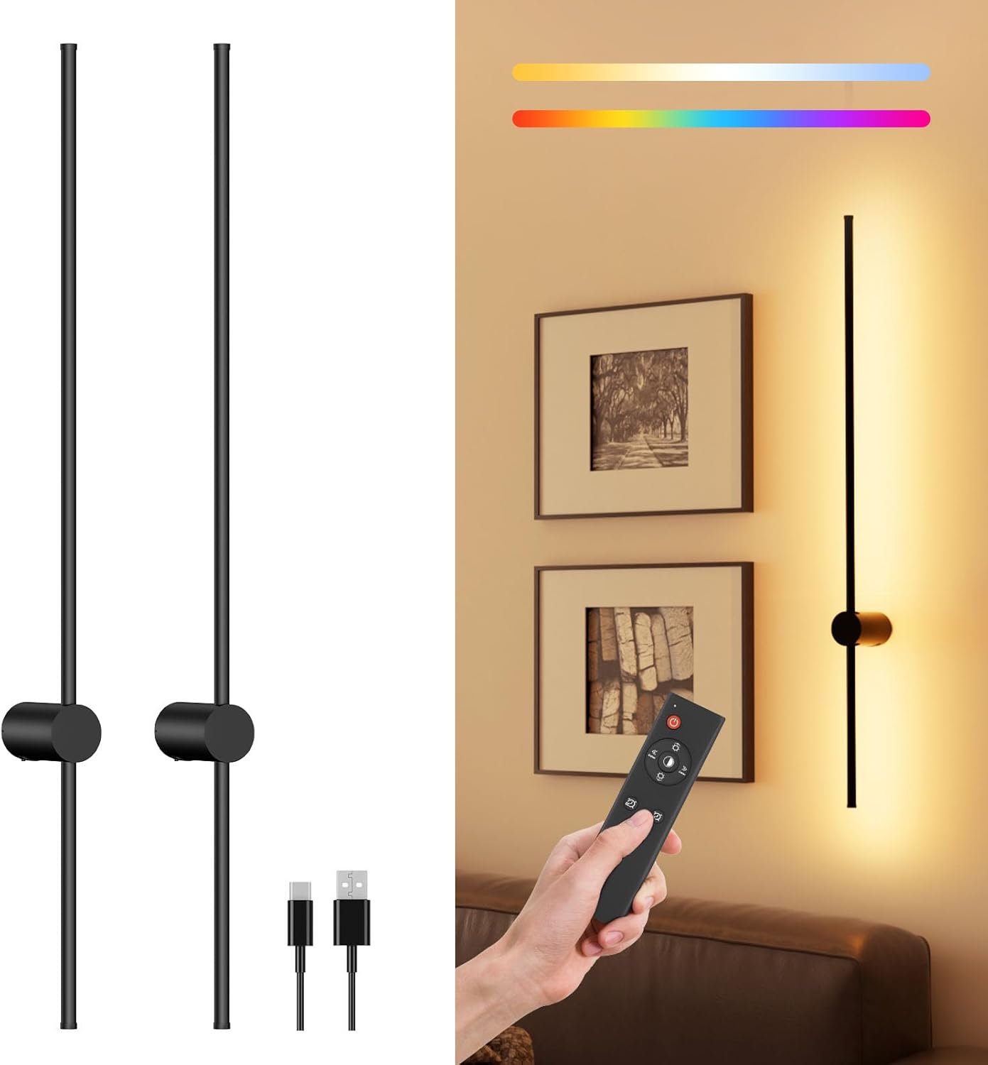 40' Battery Operated Wall Sconce, 10000mAh Rechargeable Wireless Sconces Set of 2, Dimmable Wall Sconces with Remote Control, 18 RGB C