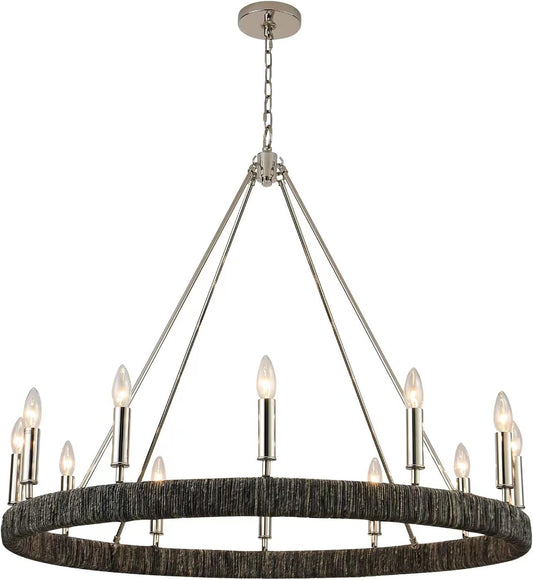 Vezzio 12-Light Black Wagon Wheel Chandelier Dia 38 inch, Farmhouse Industrial Country Large Round Chandelier for Dining Room Entryway Foyer Kitchen