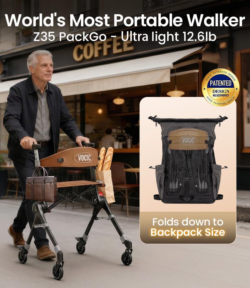 Ultra Lightweight Foldable Rollator for Adults – Z35 Walkers with Dual X-Design, Supports 300 lbs, Includes Carry Bag
