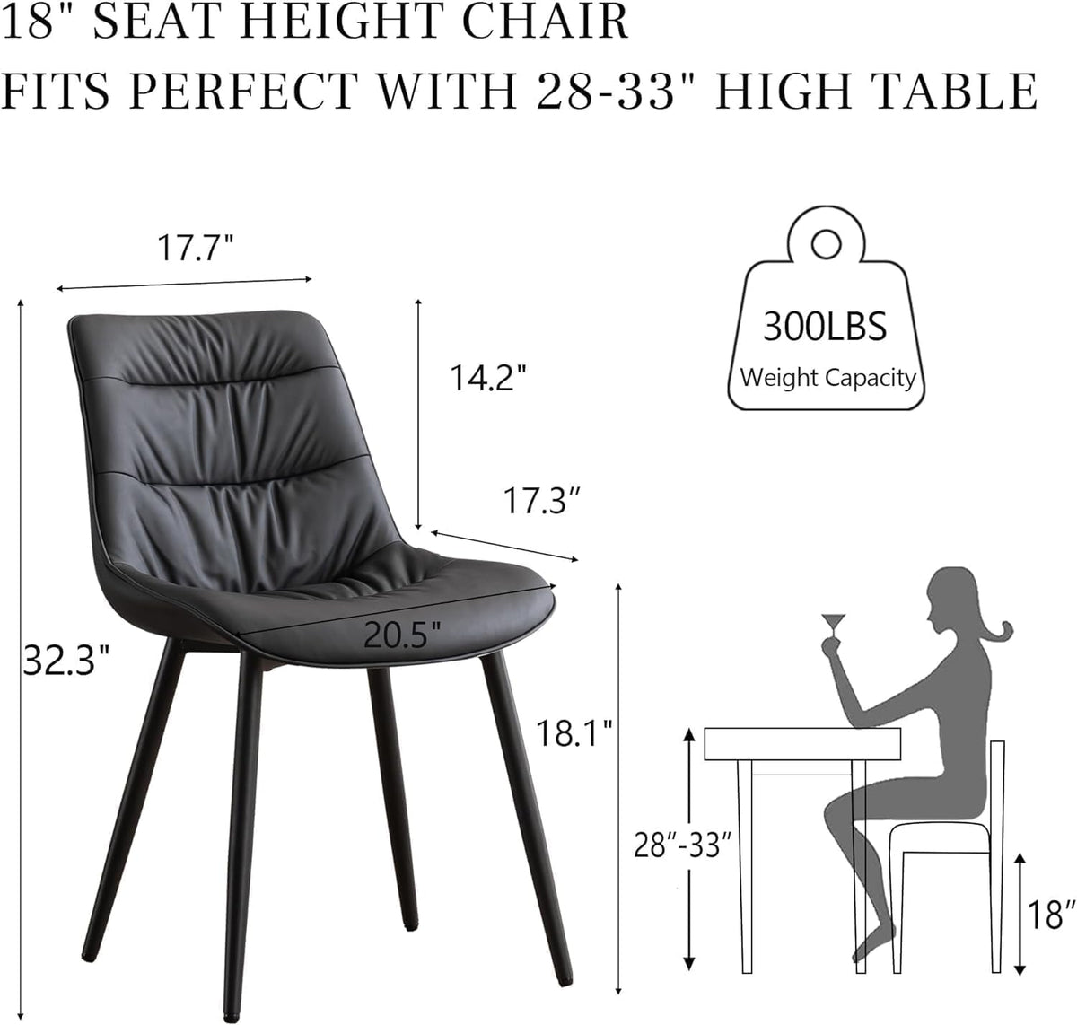 Kidol & Shellder Dining Chairs, Modern Upholstered Leather Kitchen Side Chairs with Comfortable Back, with Metal Legs Black Modern