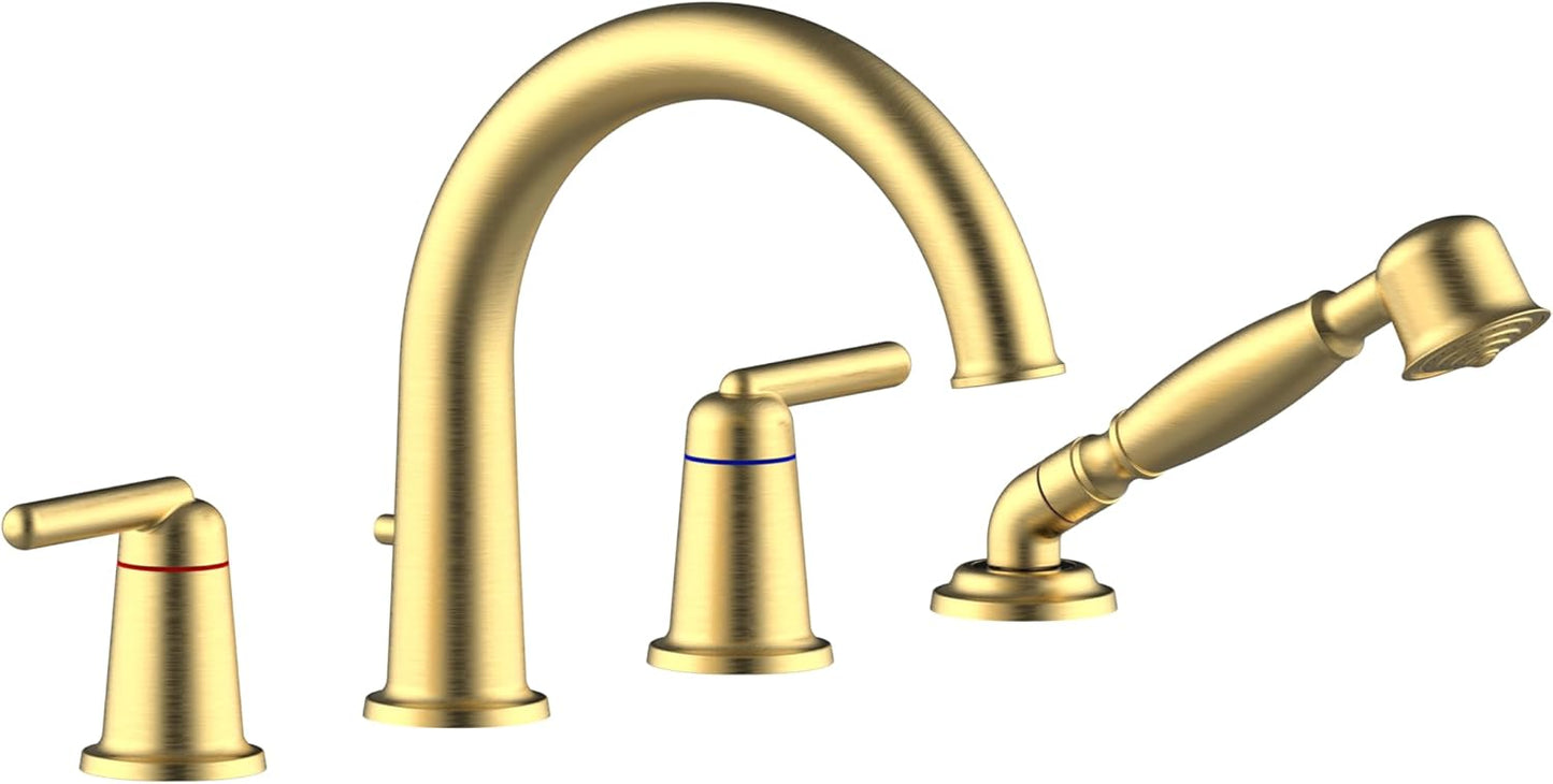 Roman Bathtub Faucet Set with Hand Shower and Brass Valve Widespread Deck Mount 4 Hole High Flow Tub Faucets Brushed Gold