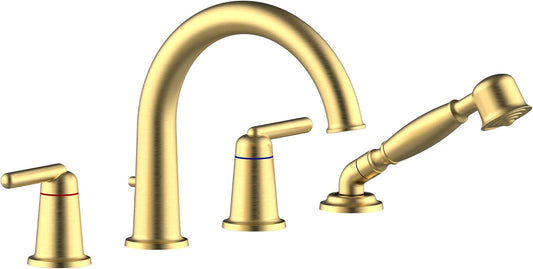 Roman Bathtub Faucet Set with Hand Shower and Brass Valve Widespread Deck Mount 4 Hole High Flow Tub Faucets Brushed Gold