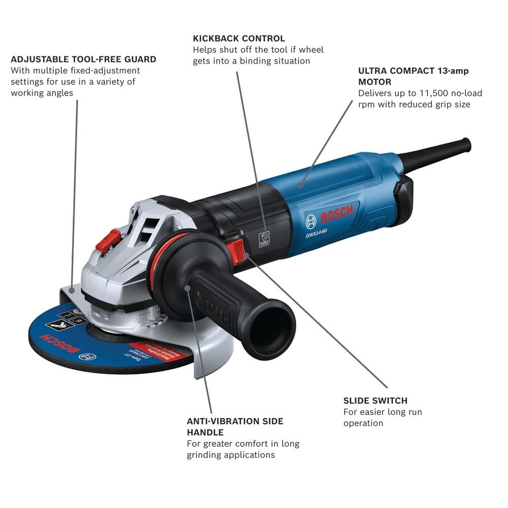 BOSCH GWS14-60 6 In. Angle Grinder with Slide Switch - Compact, Powerful, and Ergonomic for Grinding and Cutting Applications