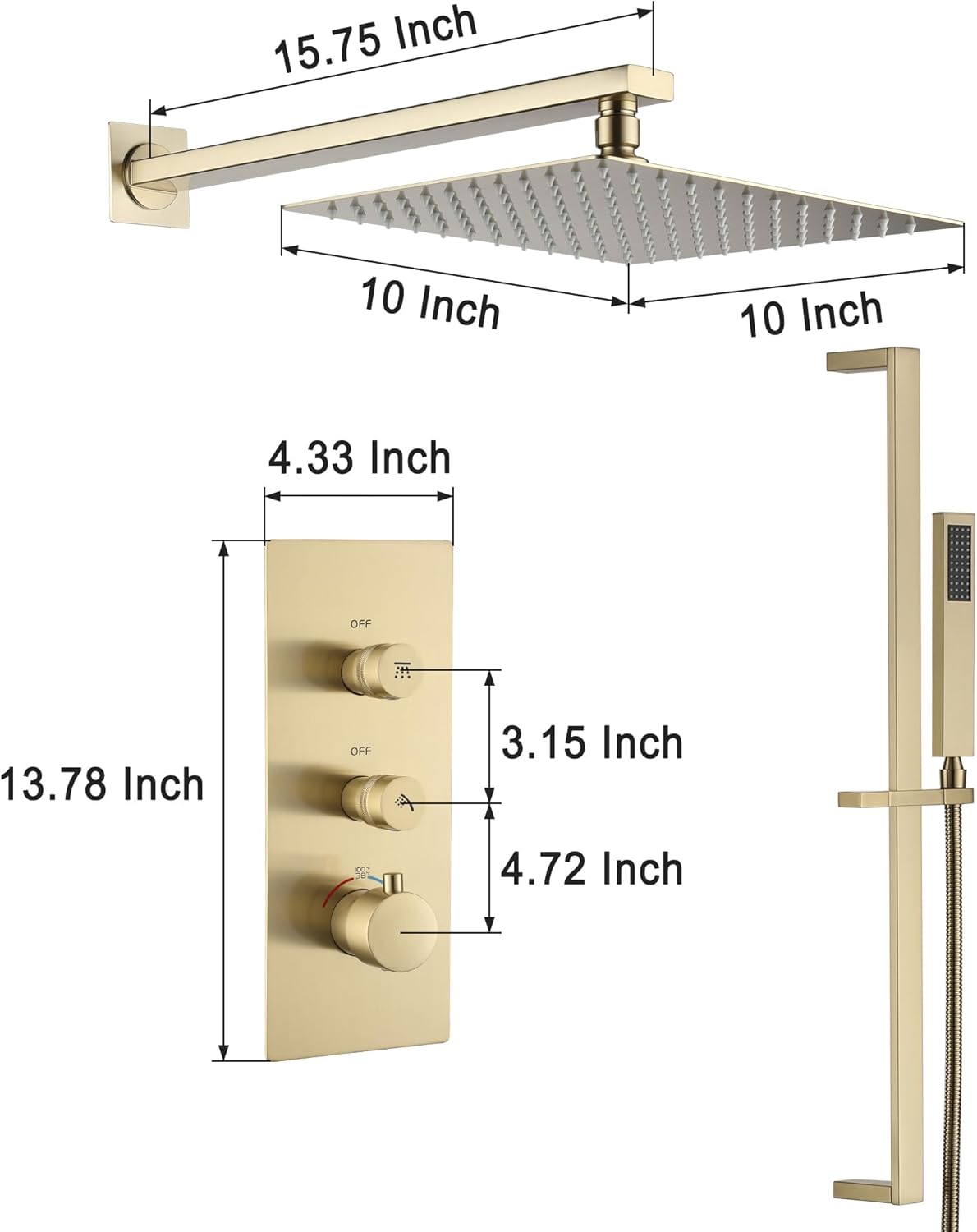 CASAINC Thermostatic Shower System 10 Inch Brushed Gold Rainfall Shower Head with Handheld Wall Mounted Shower Kit