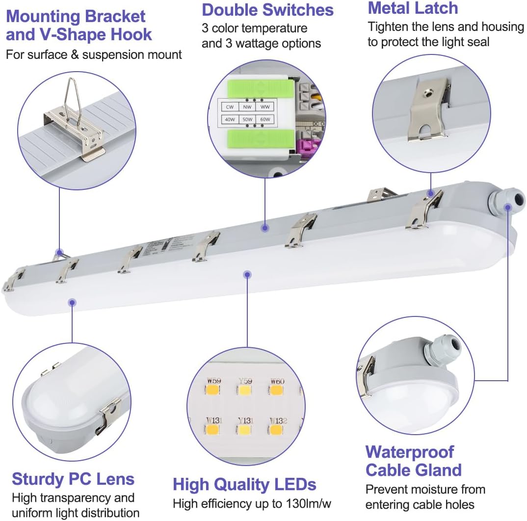 4FT LED Vapor Tight Light 60W/50W/40W Selectable, Vapor Proof Fixtures 3500K/4000K/5000K CCT Dimmable, LED Shop Light IP65 Waterproof for Carport,