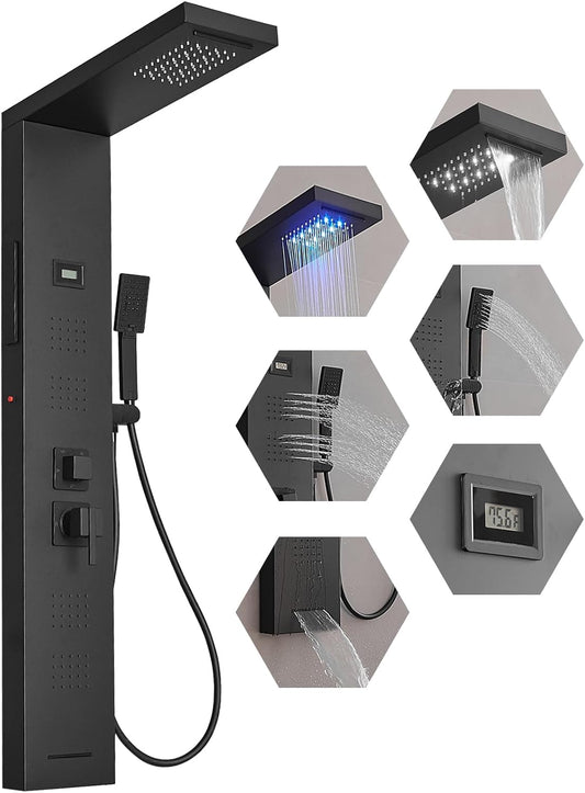 BWE LED Shower Panel Tower System Matte Black 5-Function Shower Column with Rainfall Waterfall Shower Head 4 Body Jets with Tub Spout Water