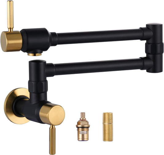 Black and Gold Pot Filler Faucet: ALEASHA Solid Brass Made Heavy Duty Pot Filler, Wall Mount Pot Filler 2 Handles with Double Joint Swing Arms Over