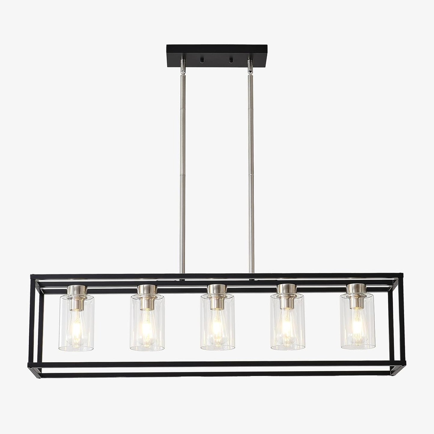 FOVICY 5-Light E26 Kitchen Island Lighting, Farmhouse Dining Room Chandelier with Clear Glass Shades, Rectangle Black and N