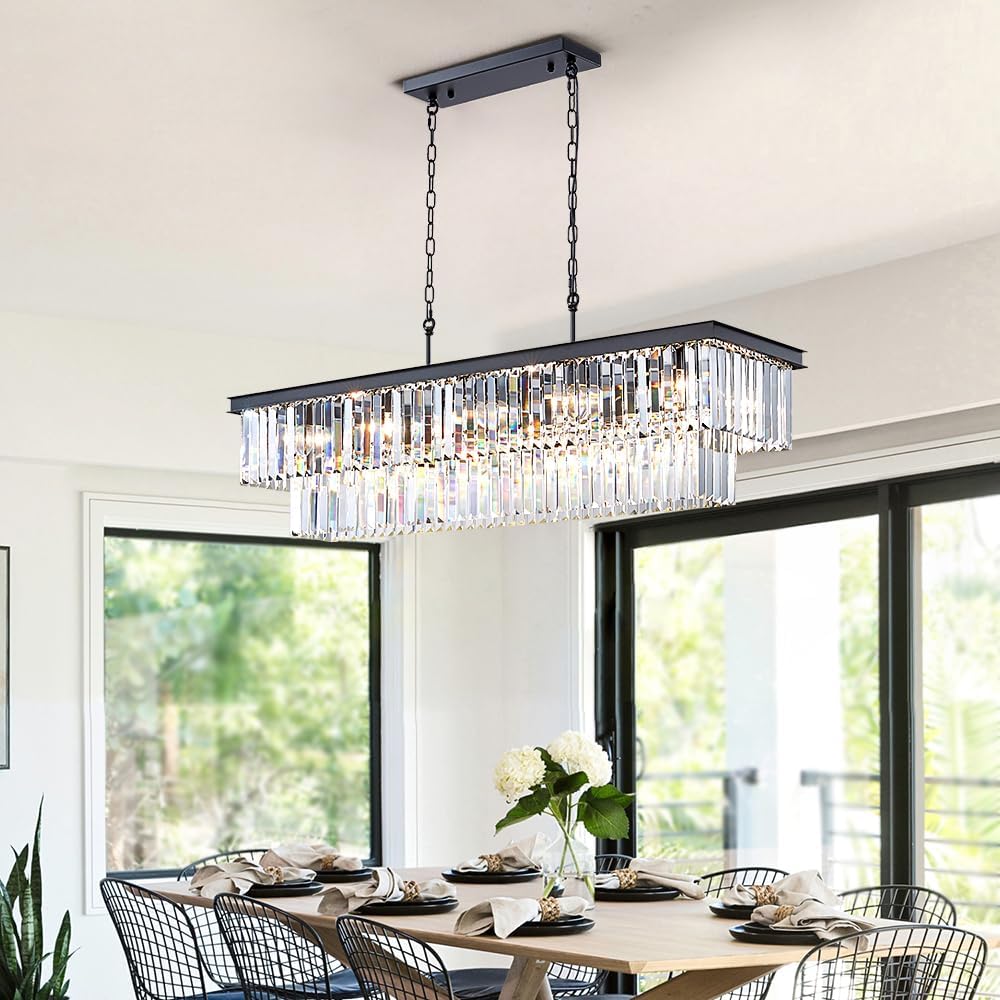 LIZZTREE Modern Black Crystal Chandelier Lighting - L59 Inch, 17 Lights Rectangle Ceiling Hanging Chandelier, Pendant Light for Dining Room, Kitchen