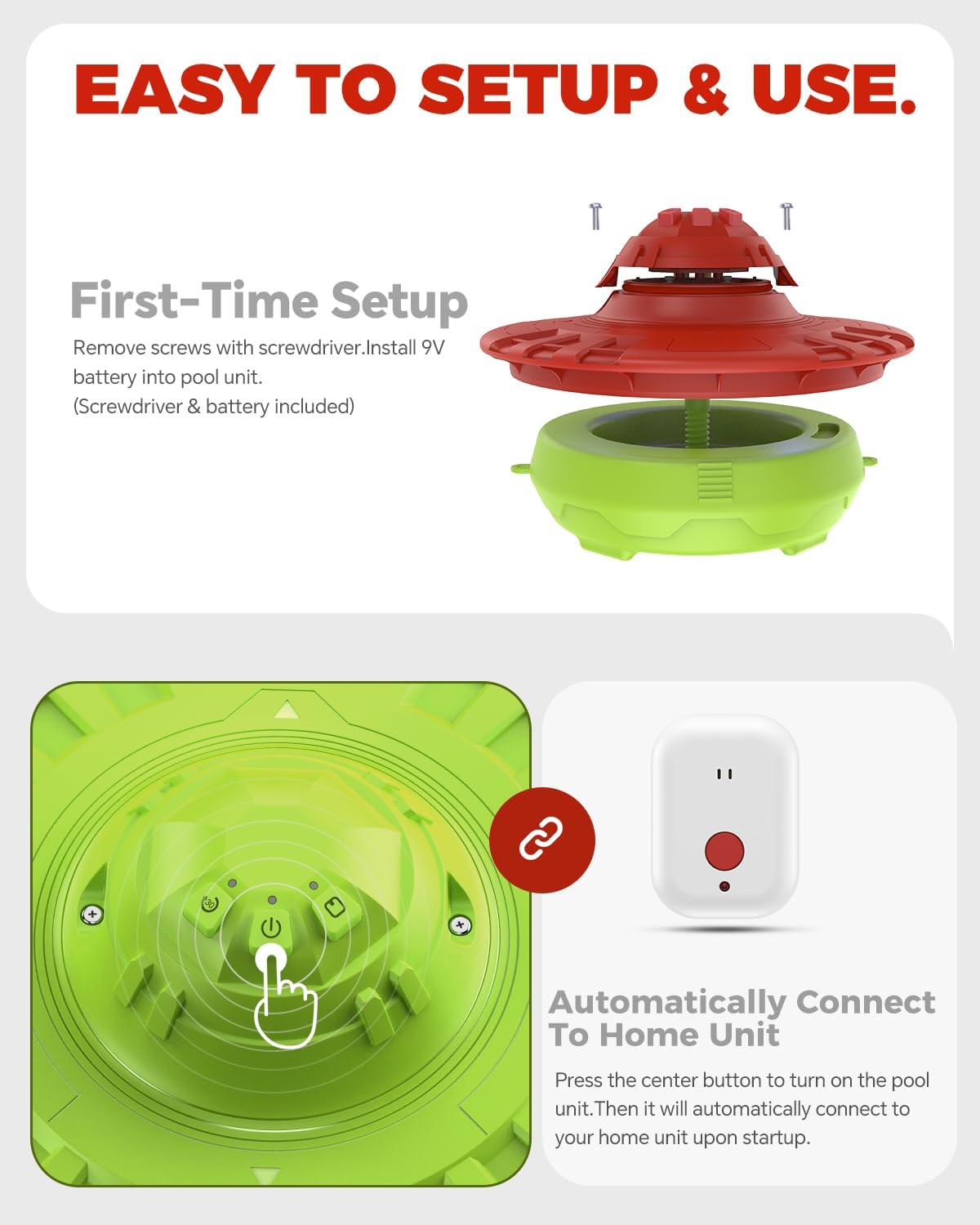 Pool Alarm with Indoor Receiver, Ultra Loud Floating Alarm for Inground & Above Ground Pools, Adjustable Sensitivity for Backyard Water Safety with Children & Pets, Red Green