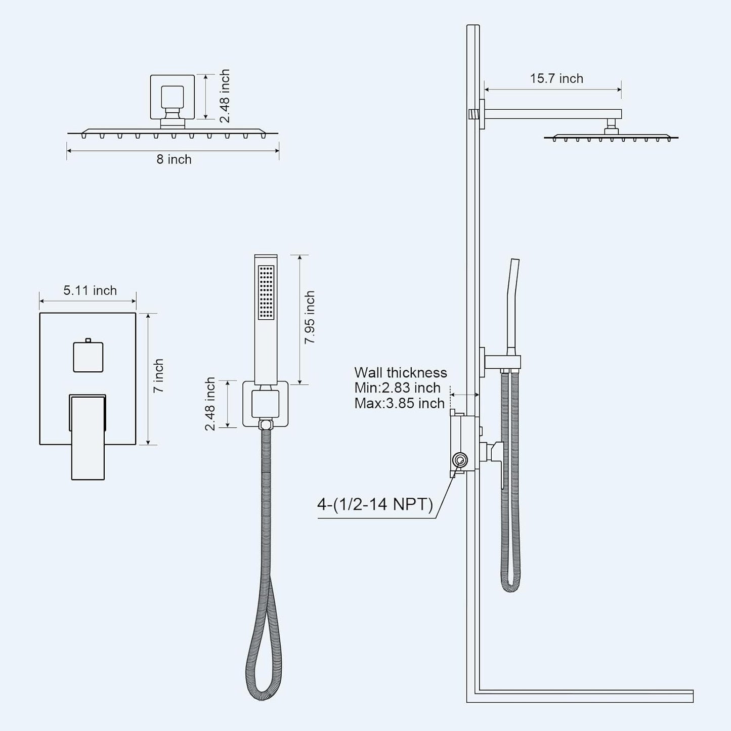 Baetuy 8 Inch Shower Faucet Set, Rainfall Shower System with High Pressure Handheld Shower Head and Square Fixed Shower Head,Spray Wall Mounted