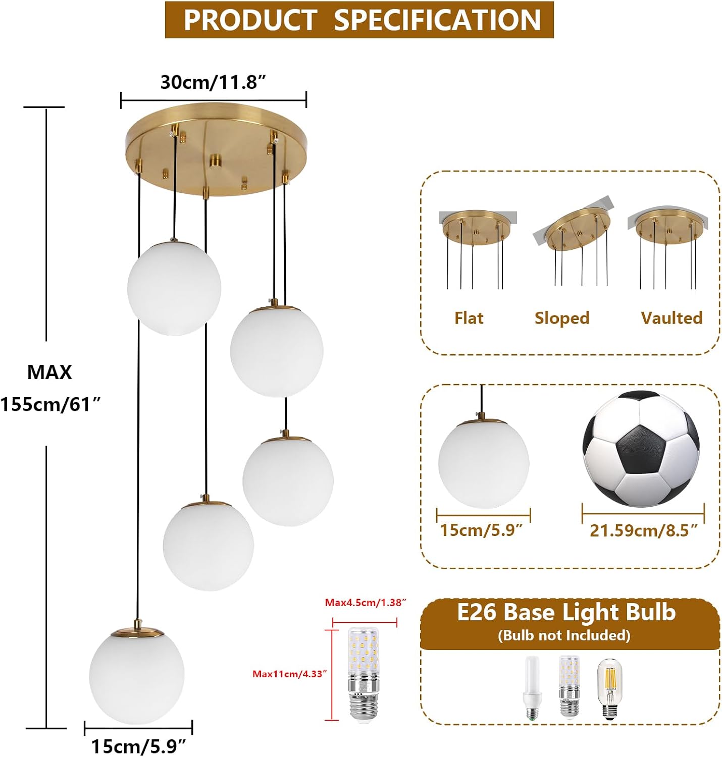 5-Light Globe Cluster Mid Century Modern Chandelier for Dining Room | Brushed Gold Finish, Milk White Glass Pendants, Adjustable Height, for Staircase Kitchen Island