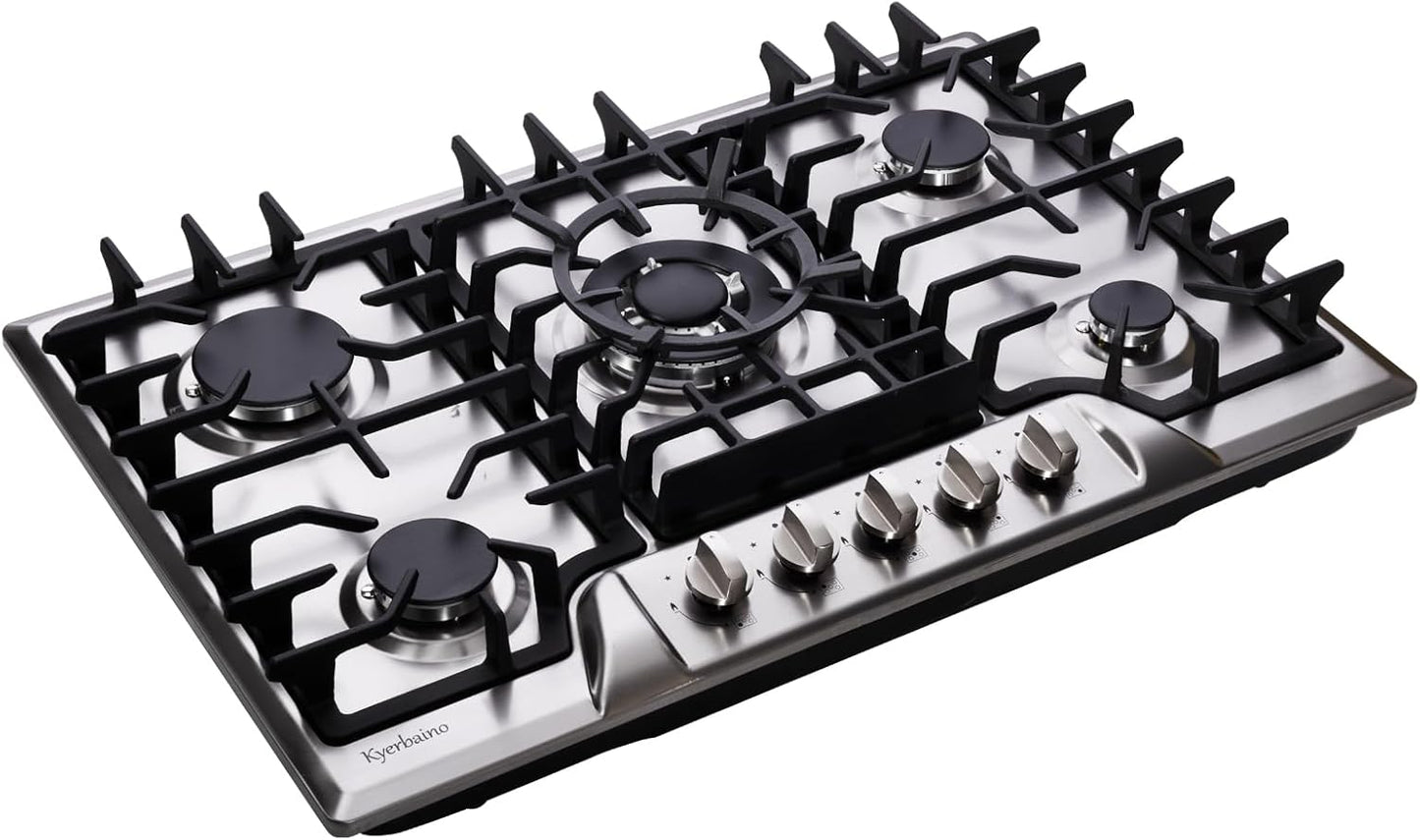 Gas Cooktop 30 Inch, Built-in 5 Burners Gas Stovetop Stainless Steel LPG/NG Convertible Gas Stove Dual Fuel Sealed Gas Cooktop