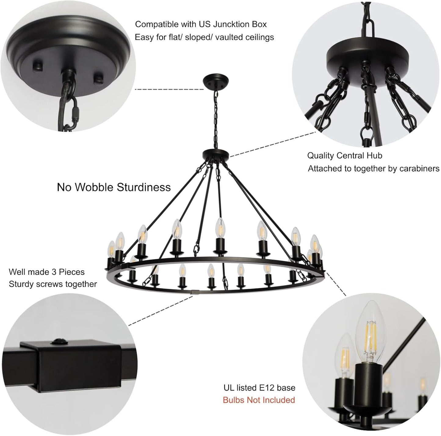 Wagon Wheel Chandelier 36 inch Modern Farmhouse Ceiling Light Fixtures for Dining Room Living Room Hallway Entryway Foyer, 18 Lights, Black