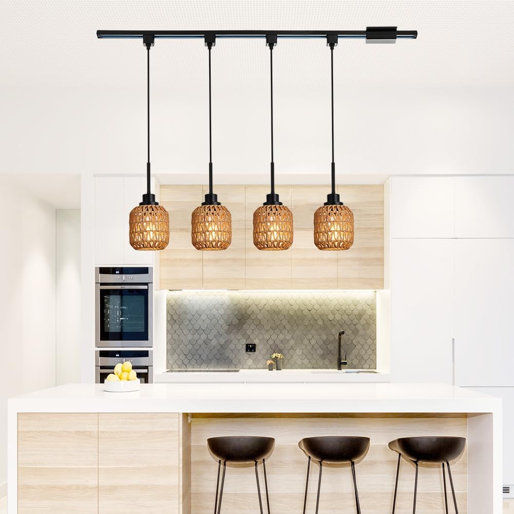 4-Pack Type Track Lighting Pendant Light,Vintage Boho Bamboo Pendant Lights Black Rattan Pendant Lighting for Kitchen Island, Bedroom, Dining Room