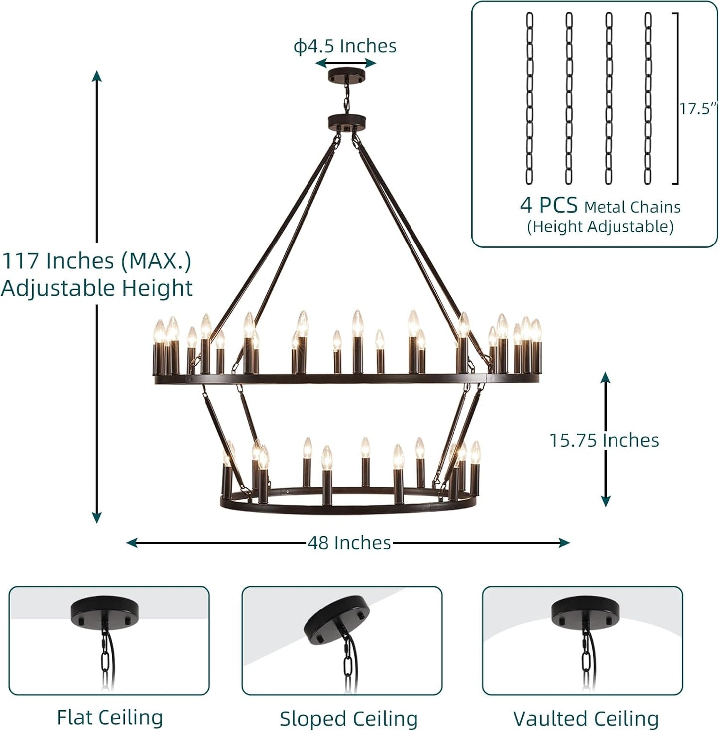 2 Tiers 48 Inch Black Wagon Wheel Chandelier, 36 Lights E12 Bulb Base Extra Large Farmhouse Industrial Hanging Chandeliers, Round Rustic Lighting