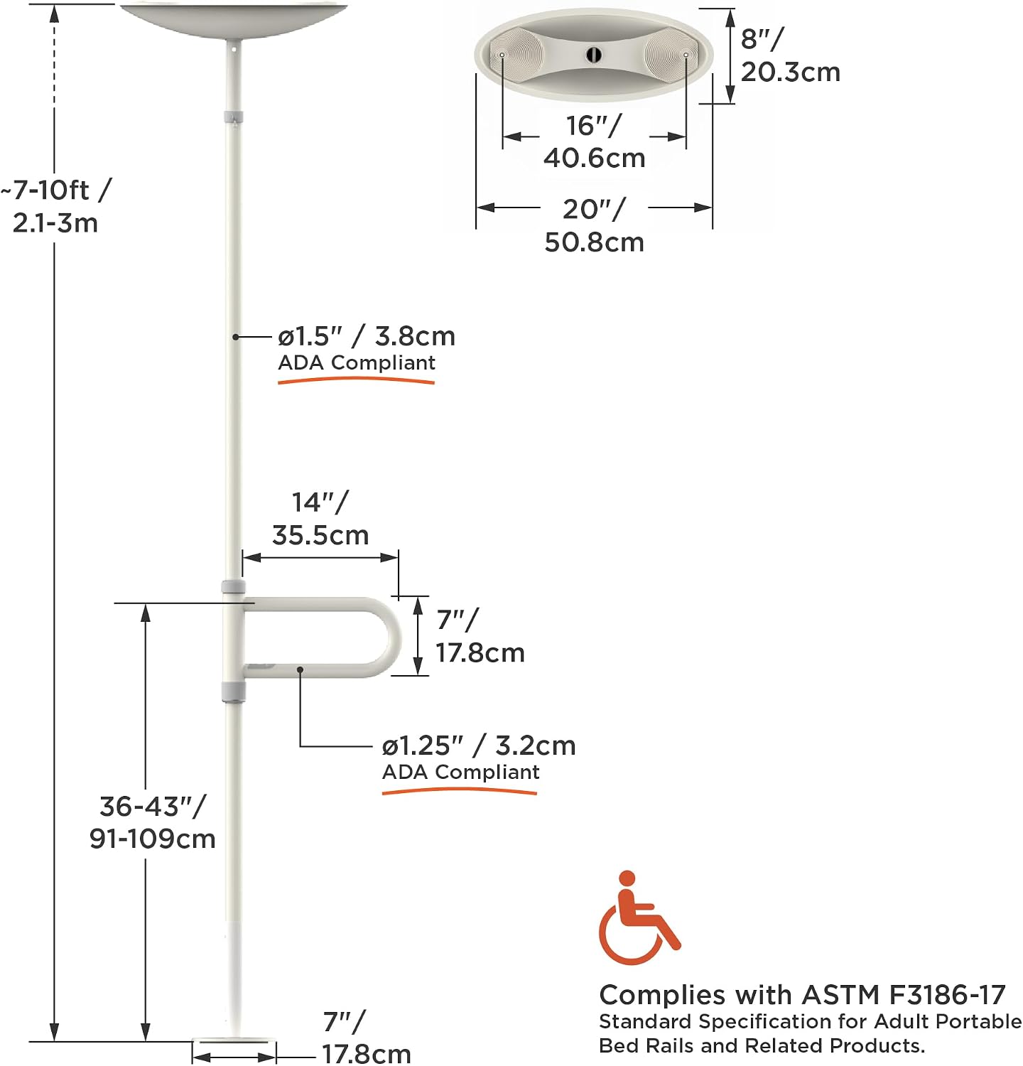 HEALTHCRAFT uPole with Pivot Bar Floor to Ceiling Transfer Pole (7-10FT) | No-Drill Grab Bar, 8 positions Pivot Bar, 360° Support for Bath Transfers